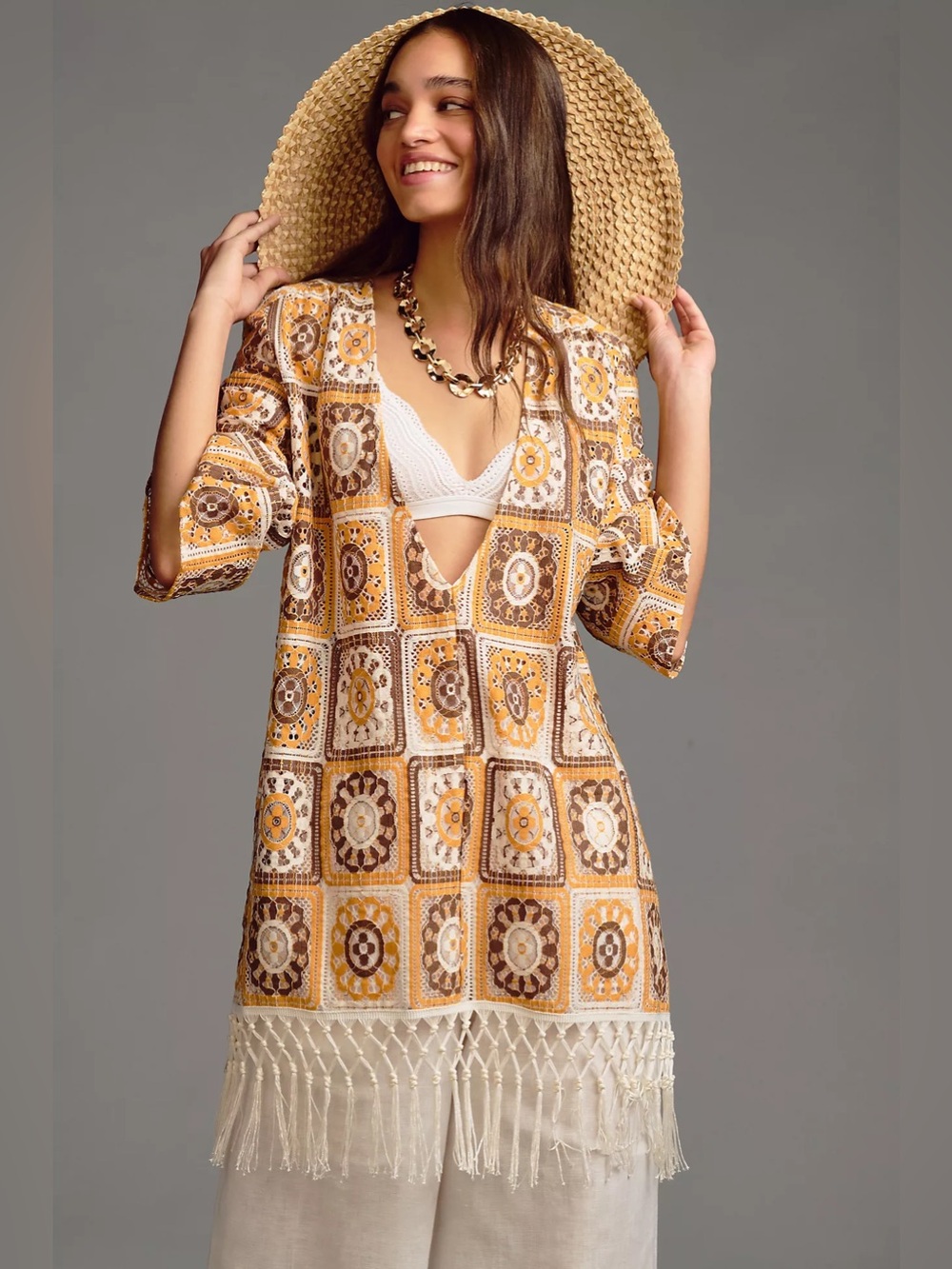Anthropologie Self Contrast Square Print Tunic Top Fringe Boho Yellow Sz OS NWT
